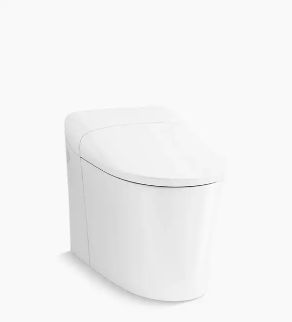 Toilette intelligente monopièce allongée blanche Eir de marque Kohler de forme arrondie, sur fond blanc