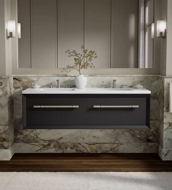 Vanité de salle de bain Enivo (60 po) au fini noir laqué, avec comptoir blanc, double lavabo, joli verdure, miroir et lumière tamisée