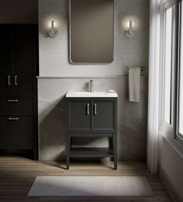 Vanité de salle de bain 24 po de la collection WINNOW, fini gris ardoise, avec miroir rectangulaire et éclairage mural